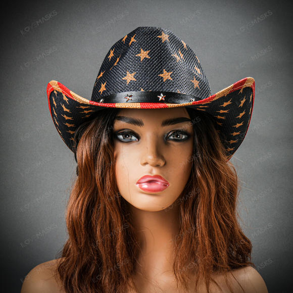 Cowboy USA Flag Curved Brim Party Hat - Blue Red - Picture 2 of 10